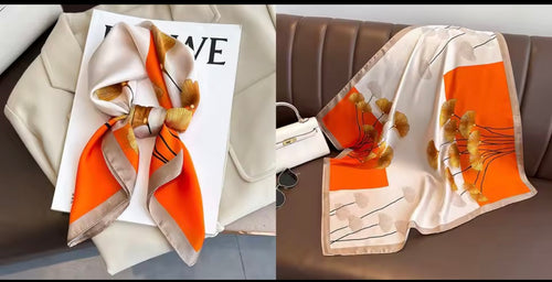 Foulard satiné imprimé feuilles de ginkgo orange