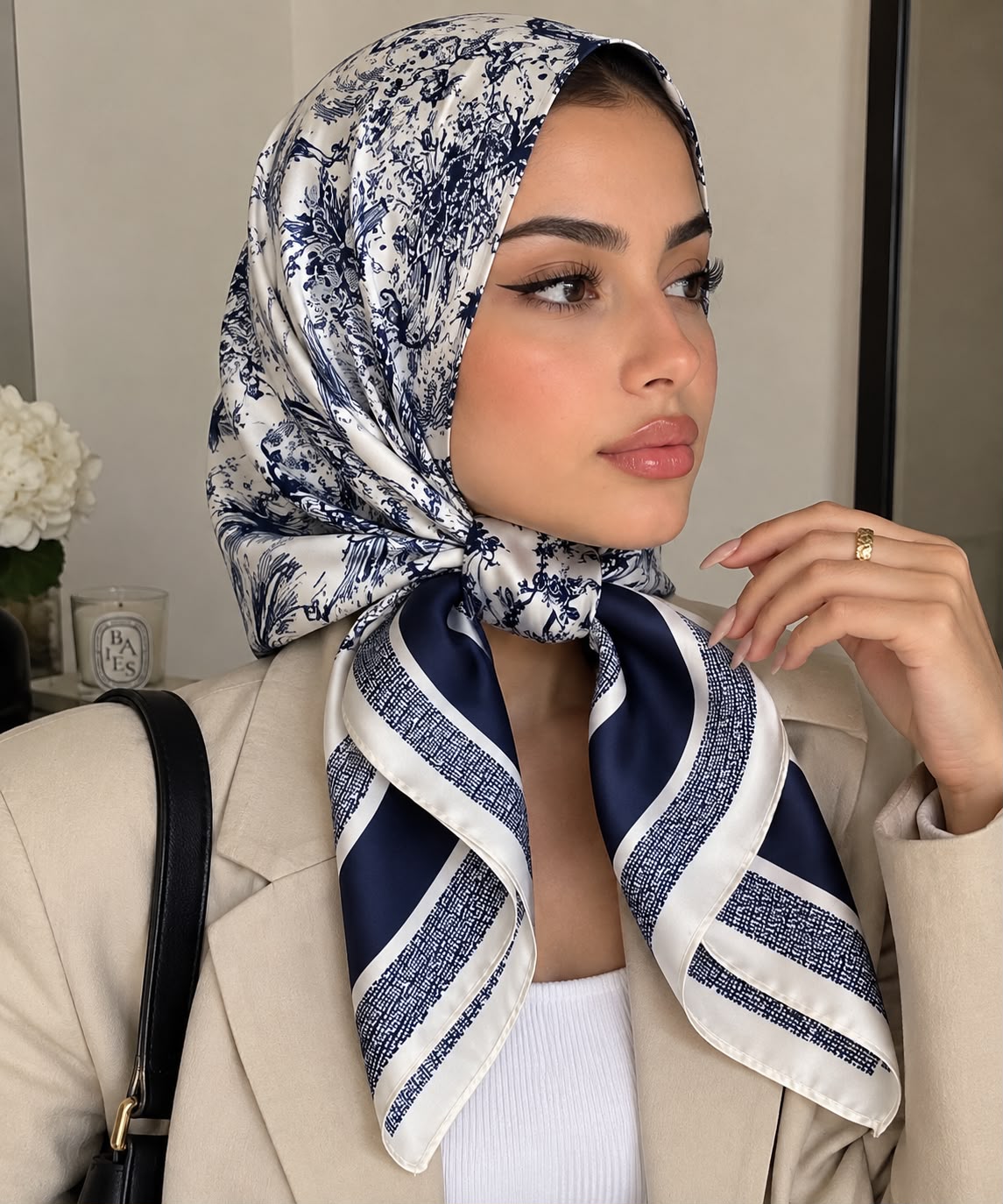 Foulard Satiné Premium Rayures Marine - Effet Soie