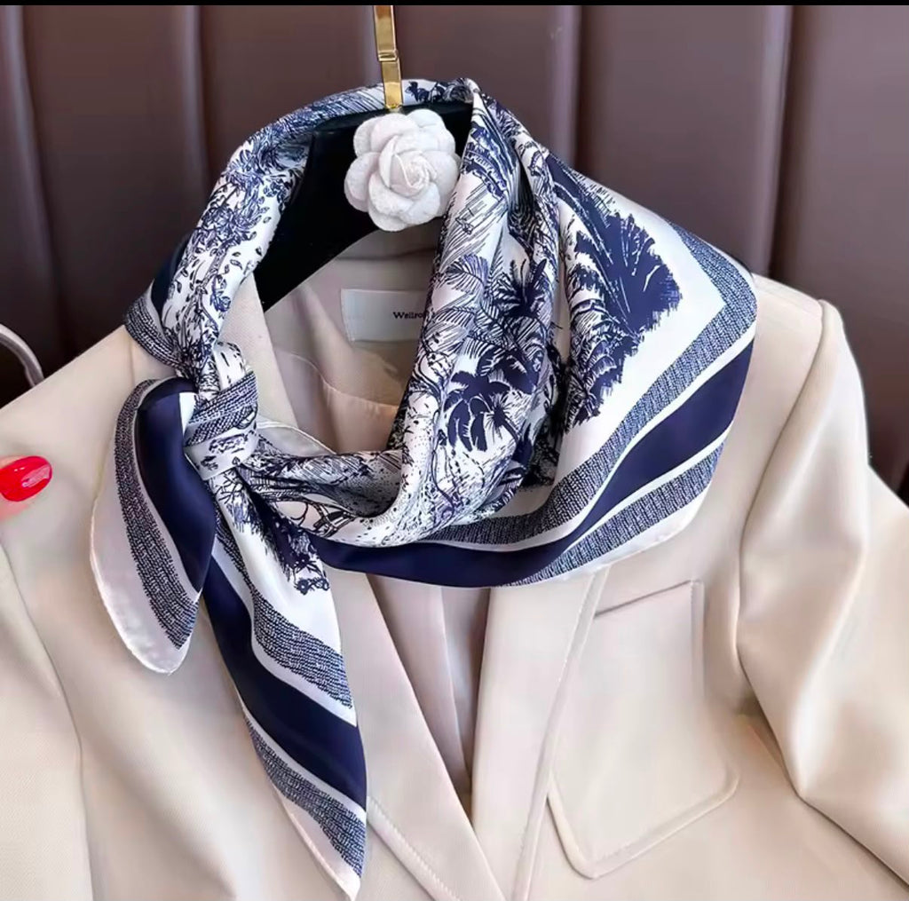 Foulard Satiné Premium Rayures Marine - Effet Soie