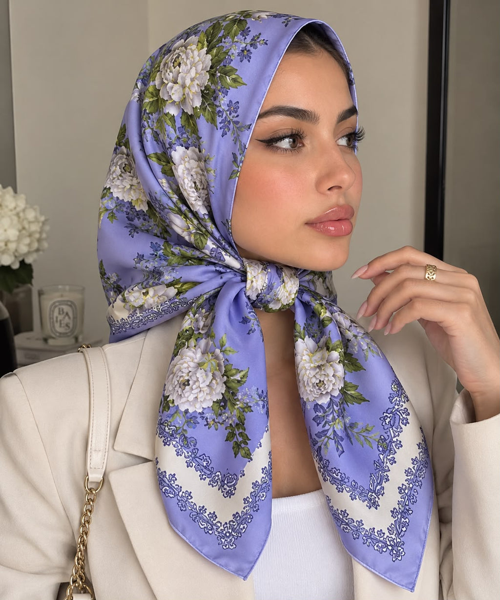 Foulard Satiné Premium Fleurs Mauves - Effet Soie