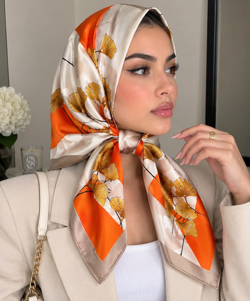 Foulard Satiné Premium Ginkgo Orange - Effet Soie
