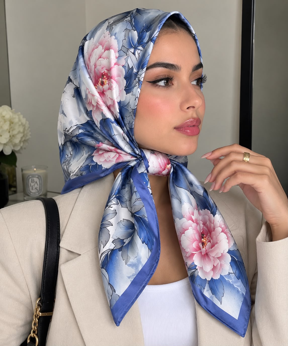 Foulard Satiné Premium Pivoines Bleu & Rose - Effet Soie